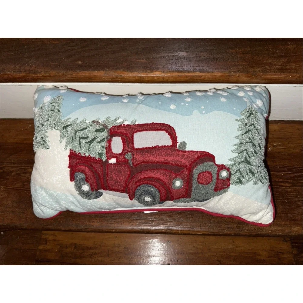 Decorative Pillow Red Truck in Snow‎ with Christmas Tree embroidered